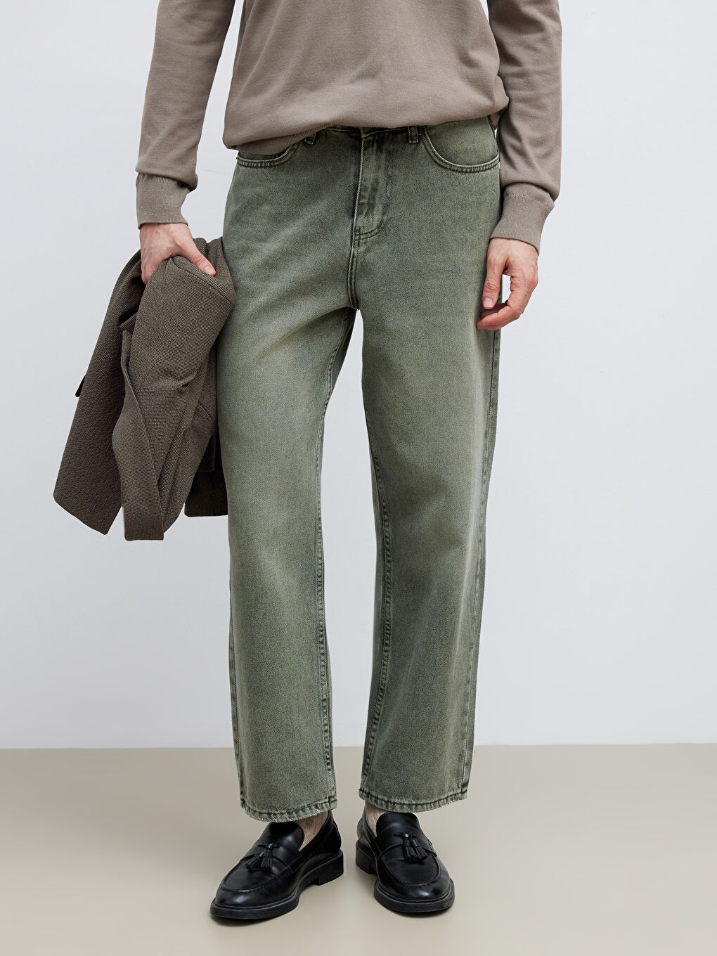 Yeşil Loose Fit Erkek Jean Pantolon-1