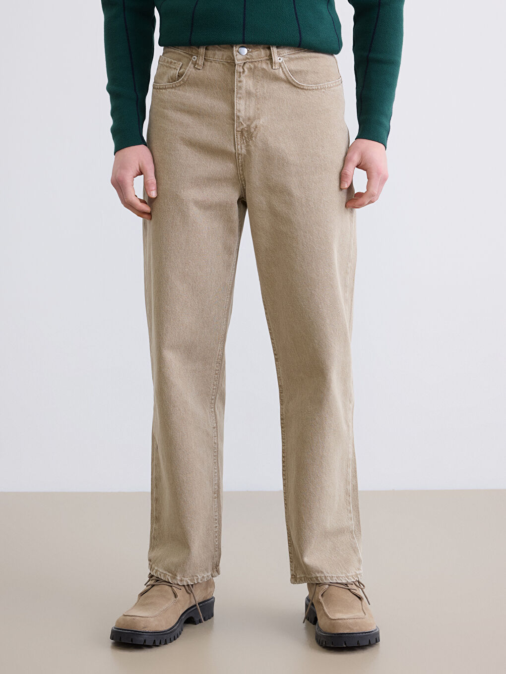 Ekru Loose Fit Erkek Jean Pantolon-1