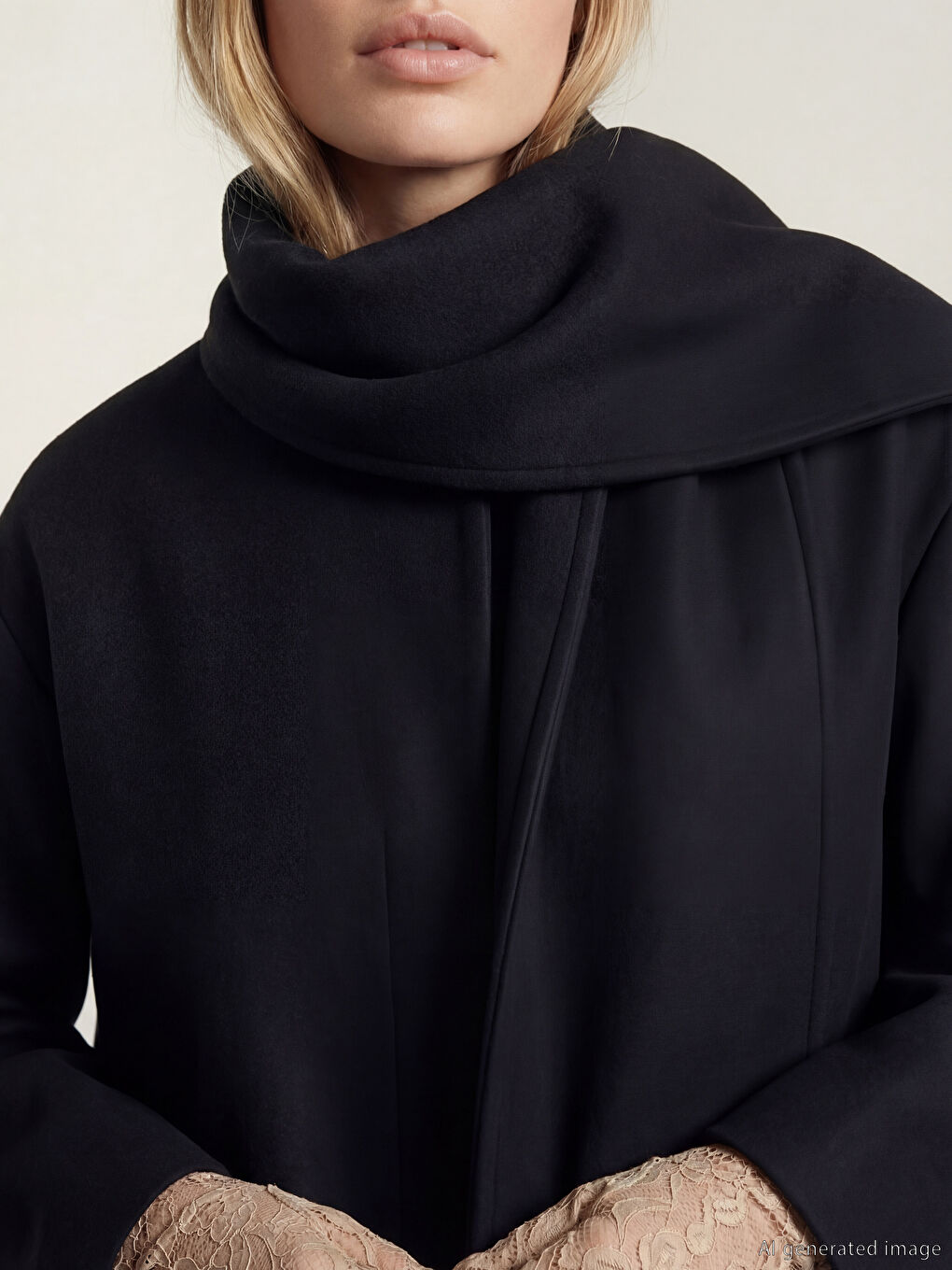 Siyah Şal Yaka Atkılı Oversize Kadın Kaşe Kaban-1