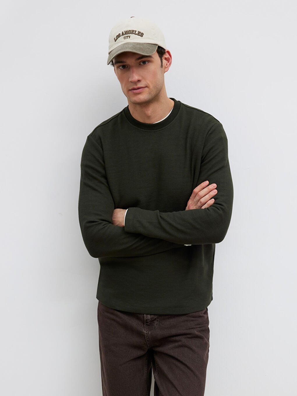 Haki Bisiklet Yaka Uzun Kollu Erkek Tişört