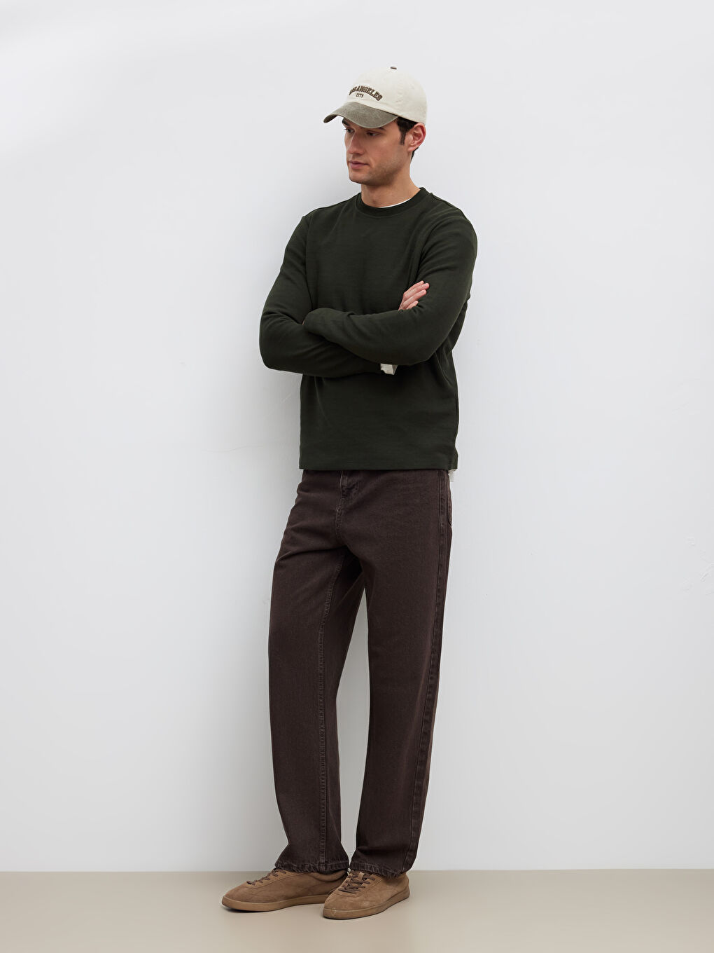 Haki Bisiklet Yaka Uzun Kollu Erkek Tişört-1