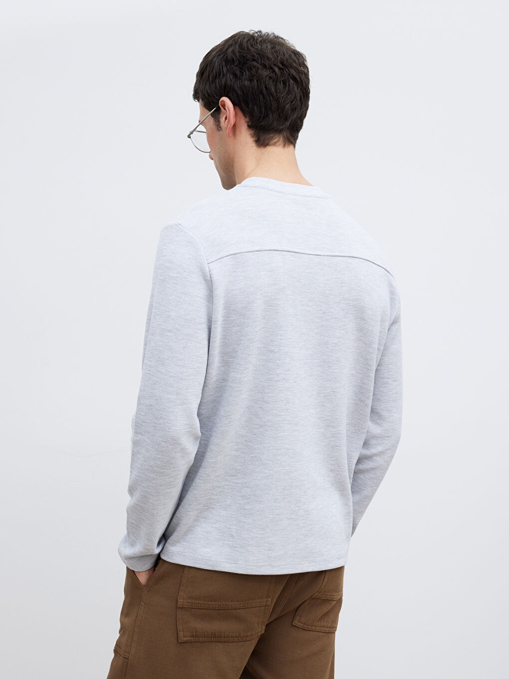 Gri Bisiklet Yaka Uzun Kollu Erkek Tişört-3