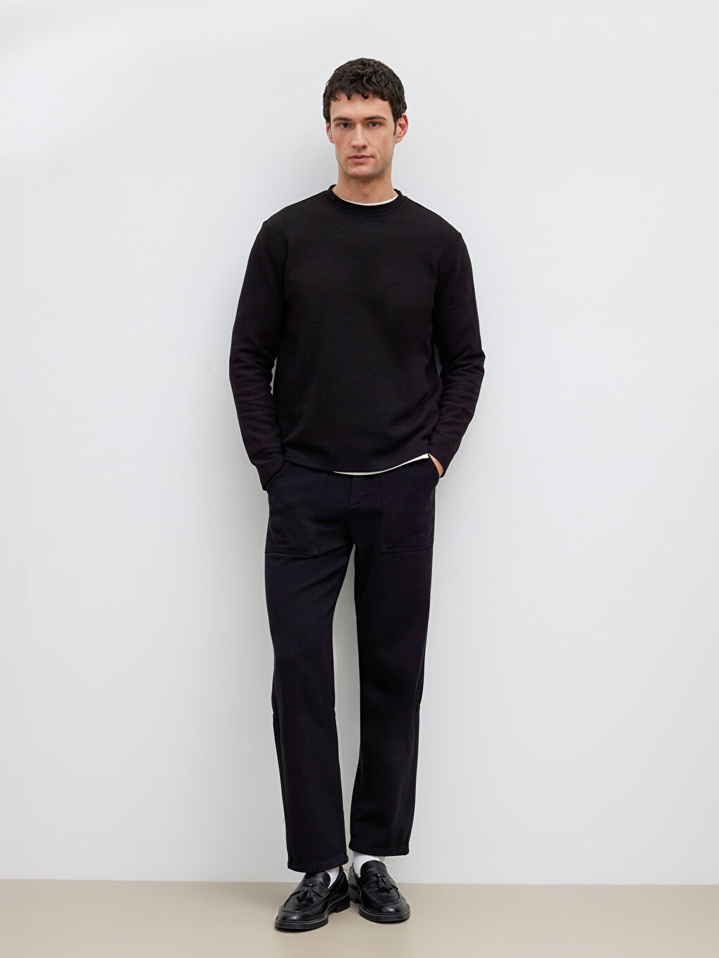 Siyah Bisiklet Yaka Uzun Kollu Erkek Tişört-1