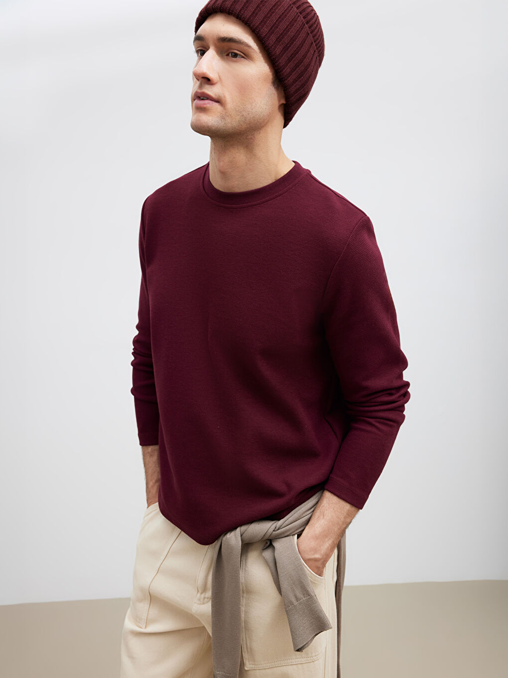 Bordo Bisiklet Yaka Uzun Kollu Erkek Tişört