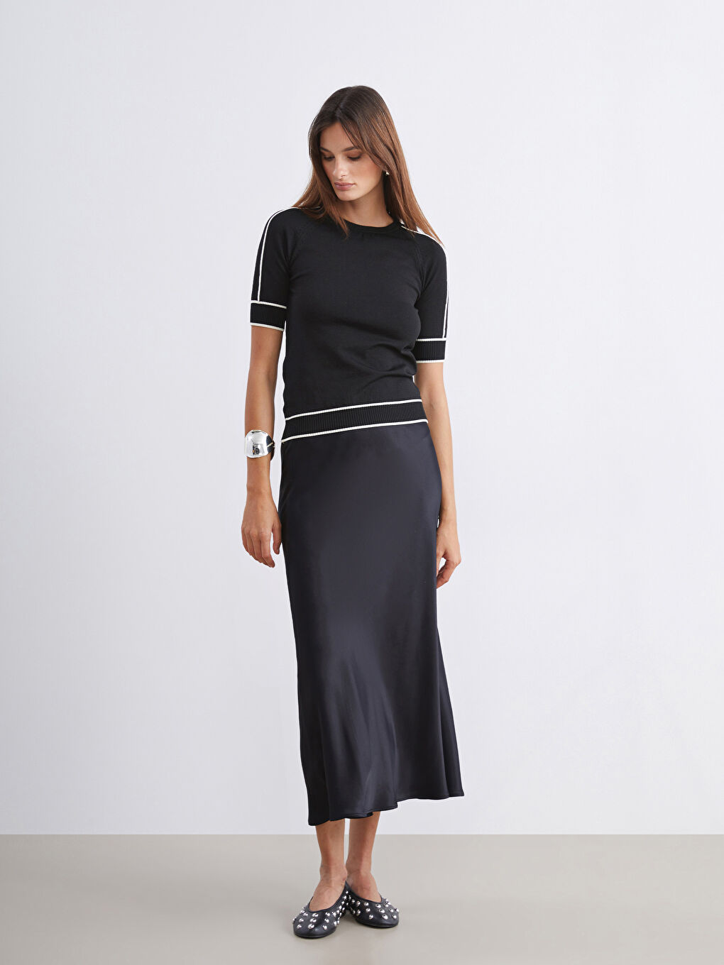 Siyah Bisiklet Yaka Çizgili Kadın Triko Kazak-2