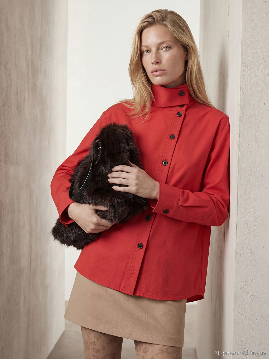 Kırmızı Dik Yaka Kadın Gömlek