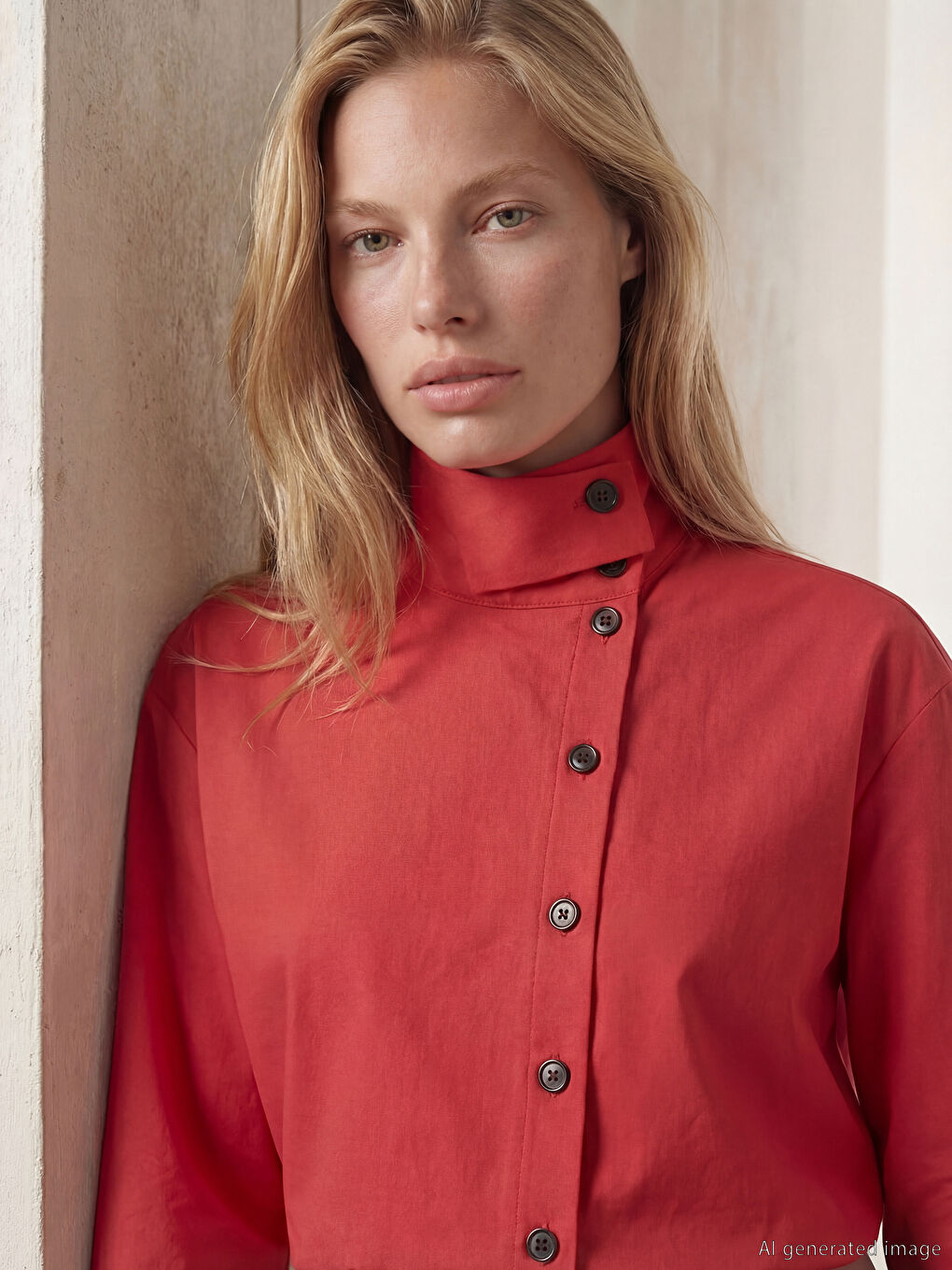 Kırmızı Dik Yaka Kadın Gömlek-2