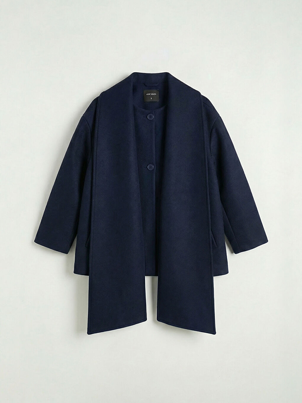 Lacivert Atkılı Şal Yaka Oversize Kadın Kaşe Kaban-5