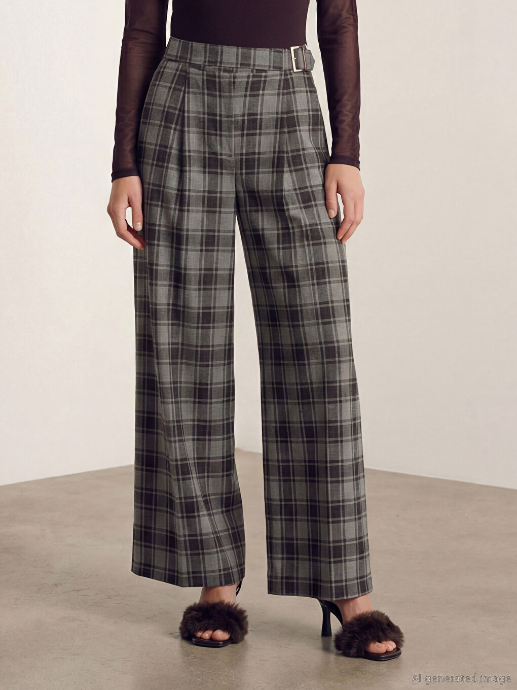 Siyah Beli Kemerli Ekose Geniş Paça Kadın Pantolon-1