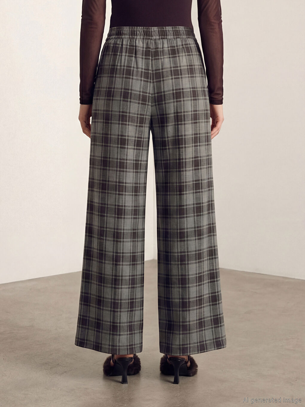 Siyah Beli Kemerli Ekose Geniş Paça Kadın Pantolon-3