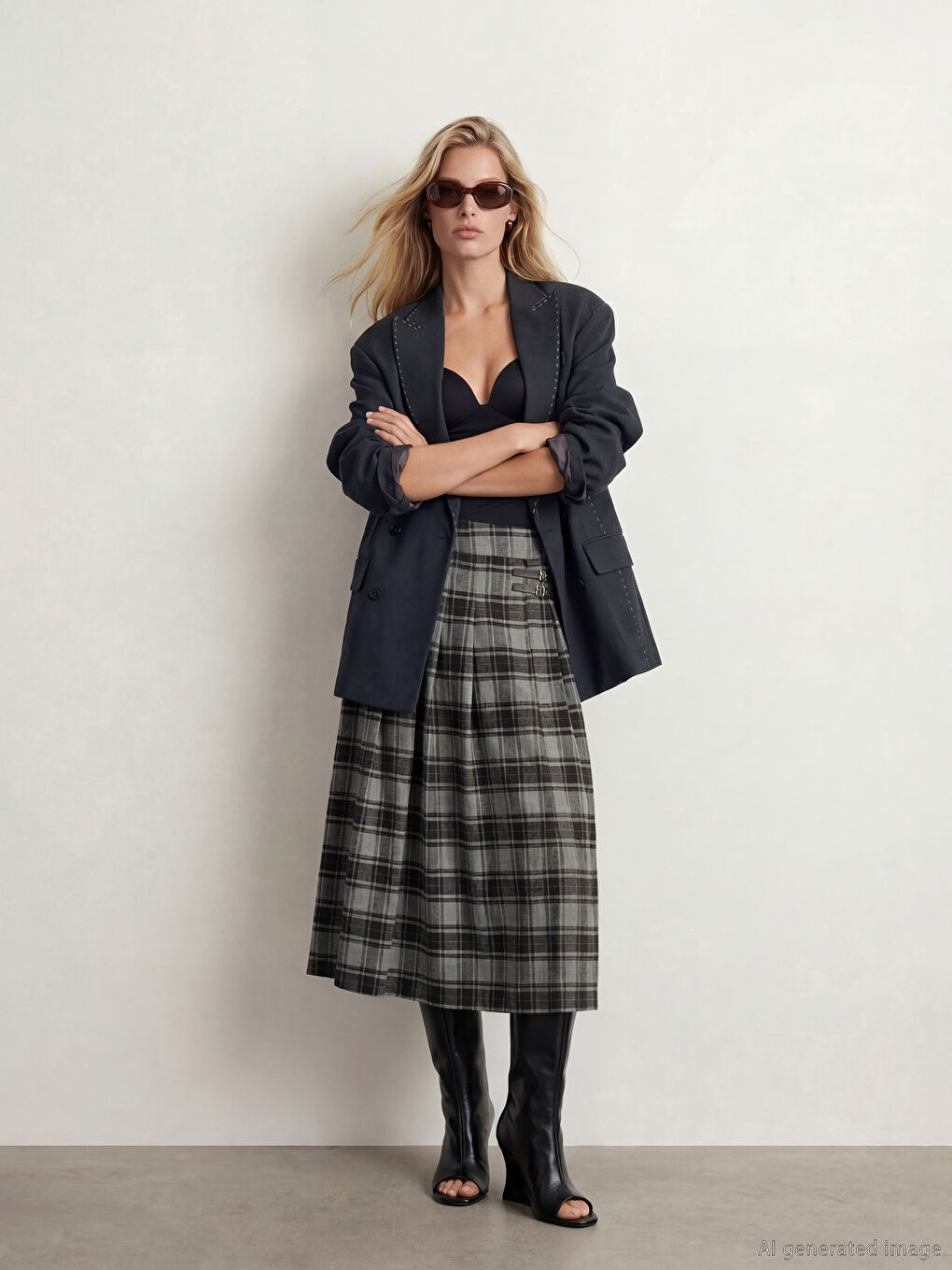 Siyah Yüksek Bel Ekose Pileli Etek