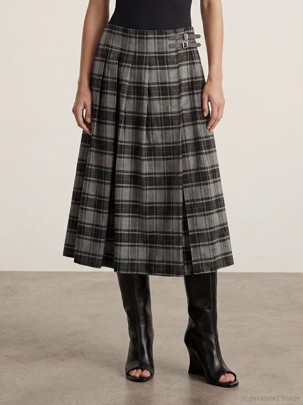 Siyah Yüksek Bel Ekose Pileli Etek-1