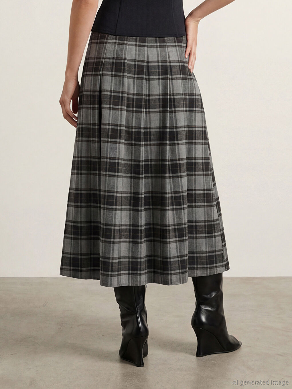 Siyah Yüksek Bel Ekose Pileli Etek-2