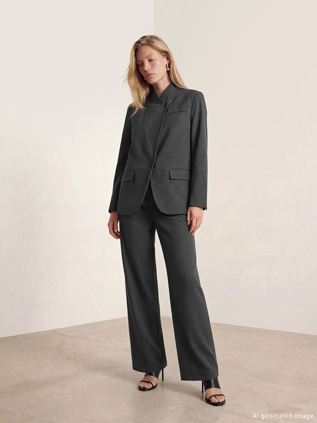 Antrasit Standart Fit Kadın Pileli Kumaş Pantolon