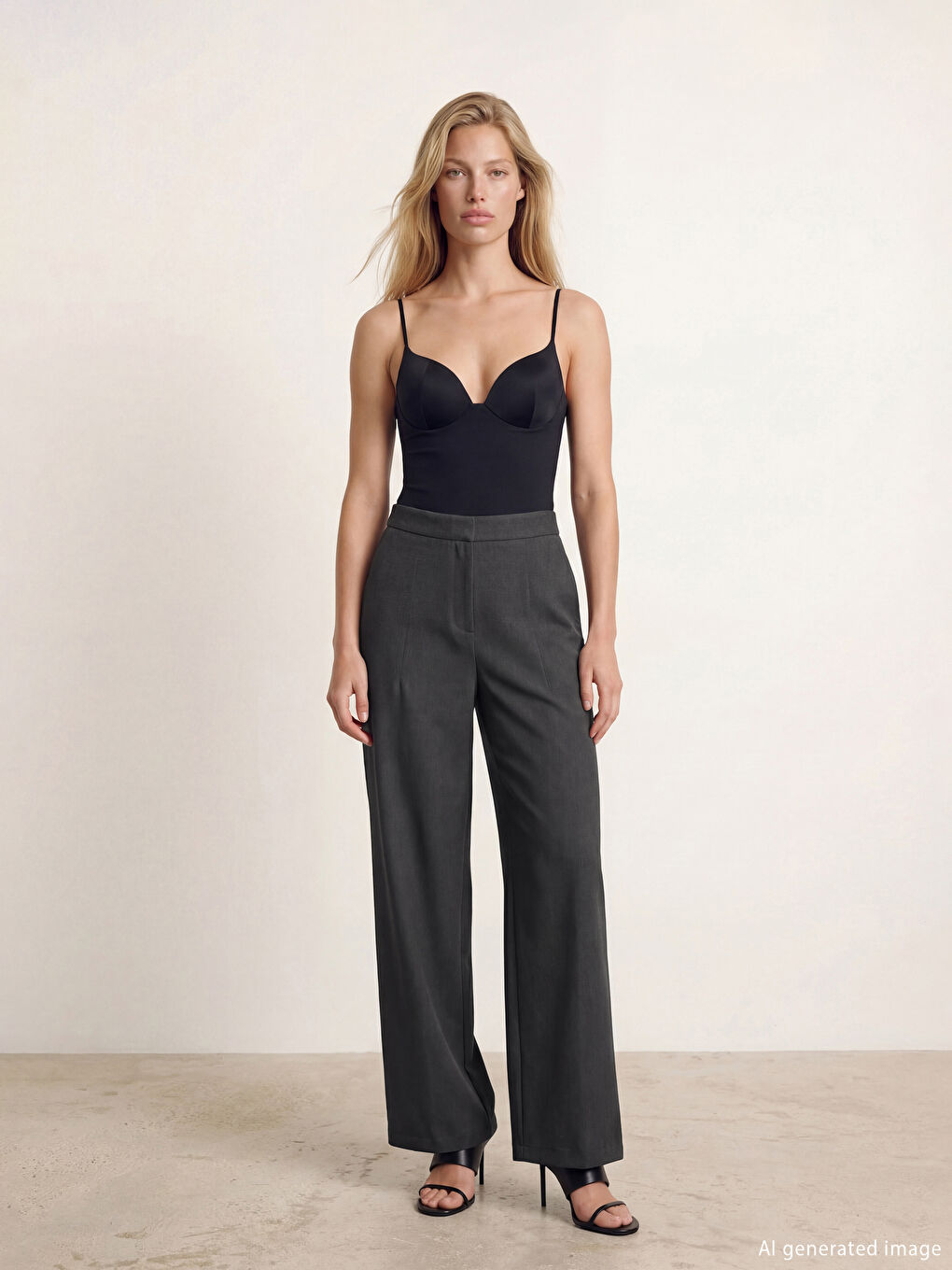 Antrasit Standart Fit Kadın Pileli Kumaş Pantolon-2