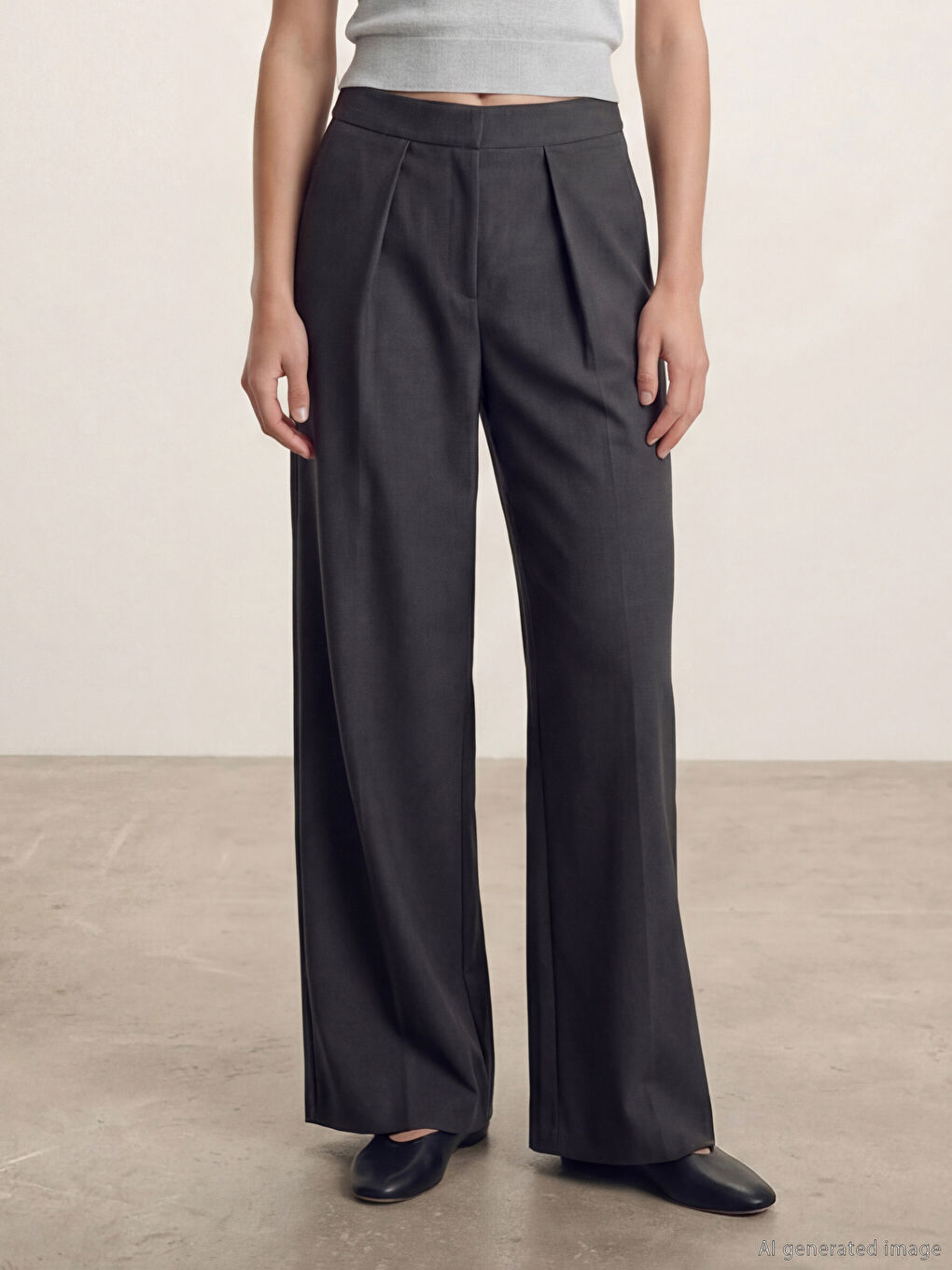 Antrasit Yüksek Bel Pileli Geniş Paça Kadın Pantolon-1