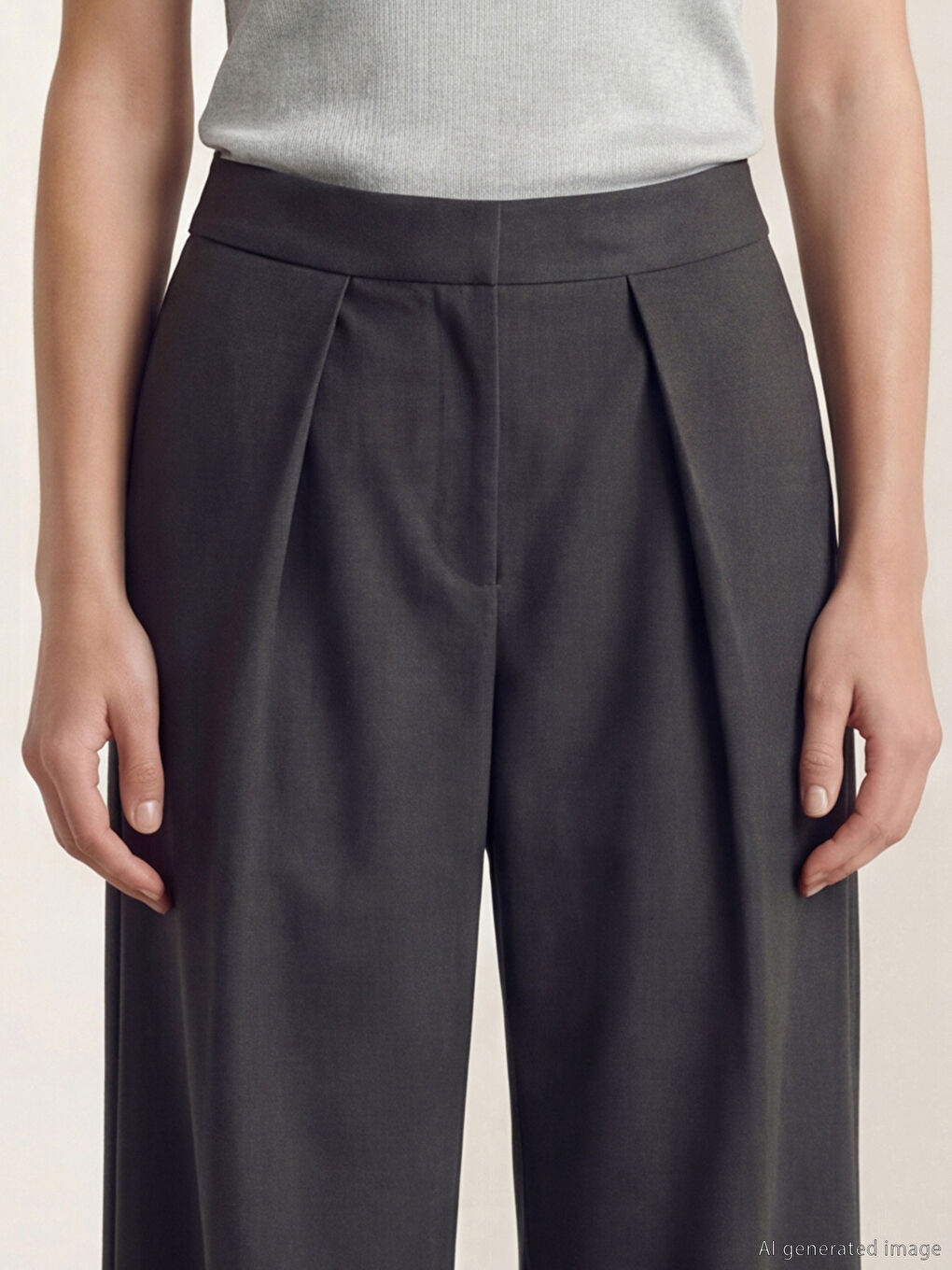 Antrasit Yüksek Bel Pileli Geniş Paça Kadın Pantolon-2