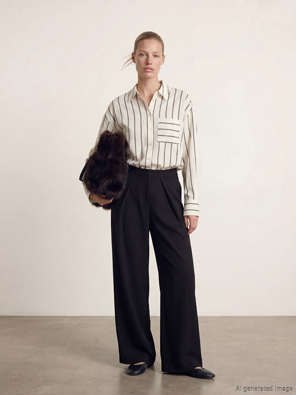 Siyah Pili Detaylı Geniş Paça Kadın Pantolon