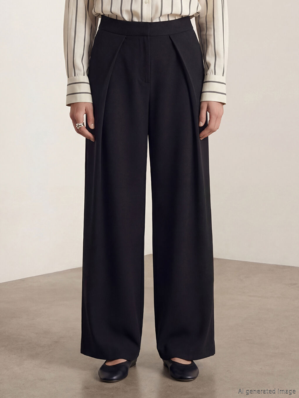 Siyah Pili Detaylı Geniş Paça Kadın Pantolon-1