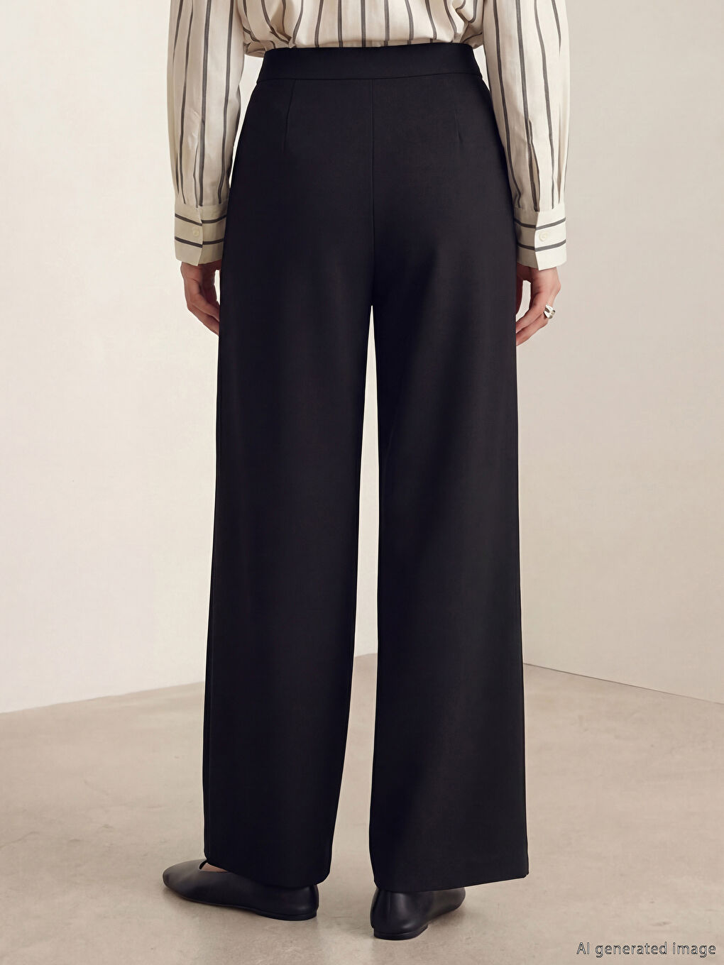 Siyah Pili Detaylı Geniş Paça Kadın Pantolon-3