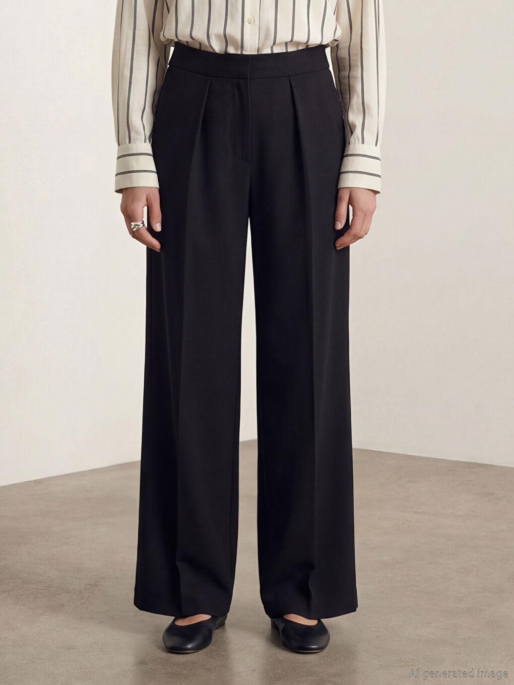 Siyah Pili Detaylı Geniş Paça Kadın Pantolon-5