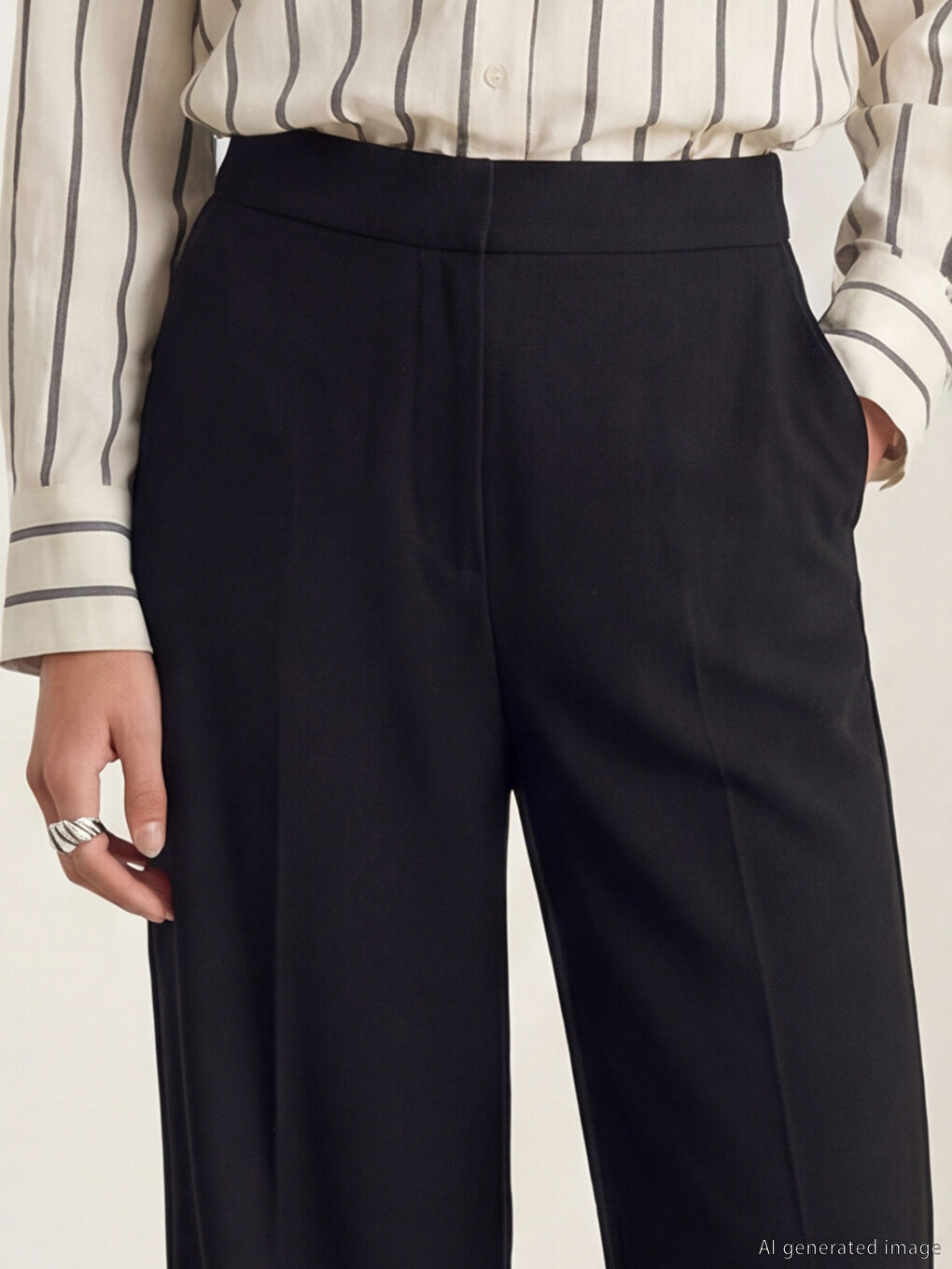 Siyah Pili Detaylı Geniş Paça Kadın Pantolon-6