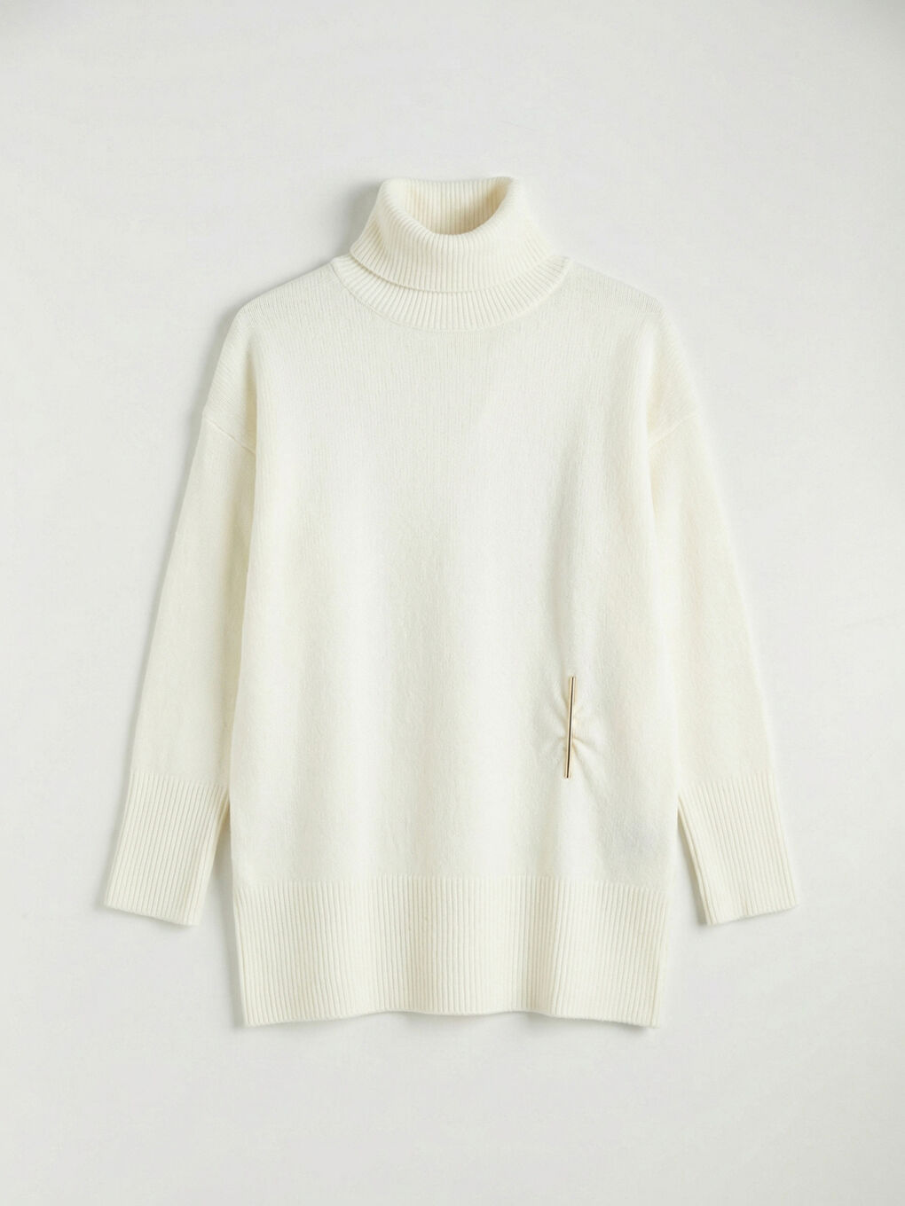 Ekru Balıkçı Yaka Metal Aksesuarlı Kadın Triko Kazak-2