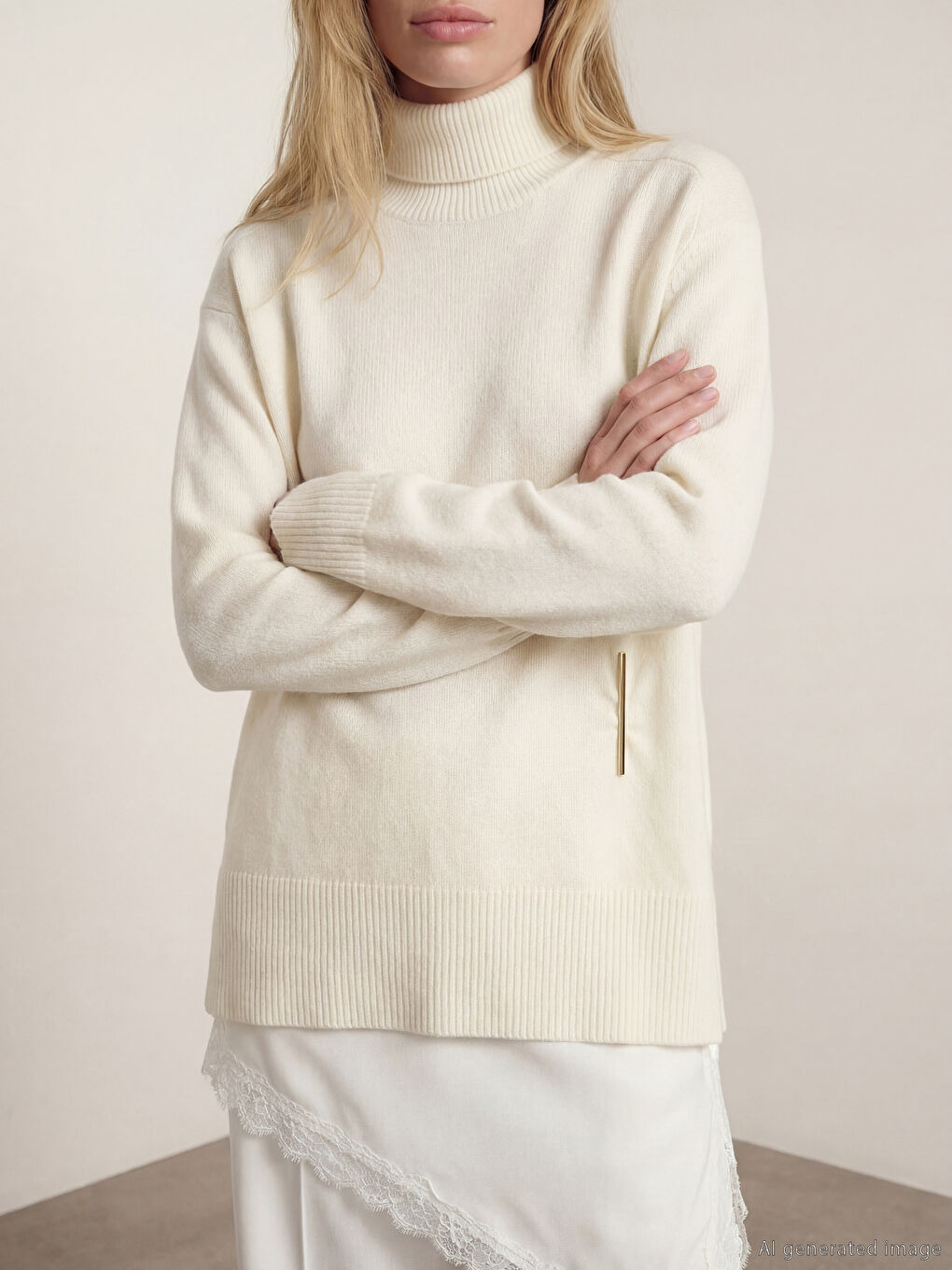 Ekru Balıkçı Yaka Metal Aksesuarlı Kadın Triko Kazak-1