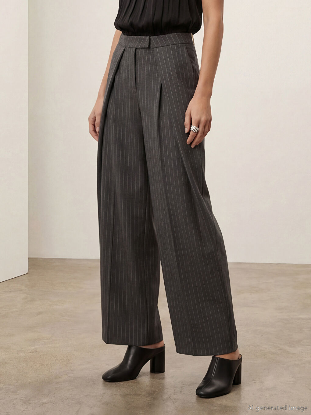 Antrasit Loose Fit Çizgili Kadın Pileli Kumaş Pantolon-4