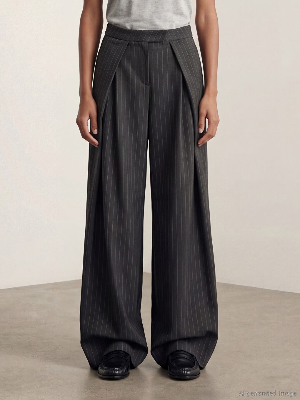 Antrasit Loose Fit Çizgili Kadın Pileli Kumaş Pantolon-1
