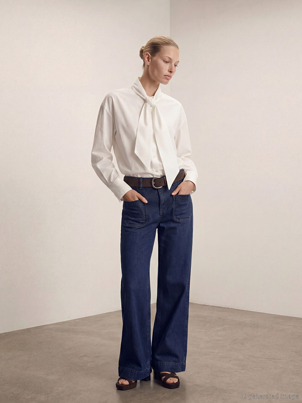 Beyaz Bağlamalı Fular Yaka Poplin Kadın Gömlek-1