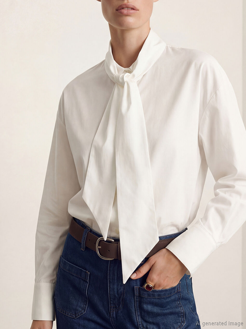 Beyaz Bağlamalı Fular Yaka Poplin Kadın Gömlek-2