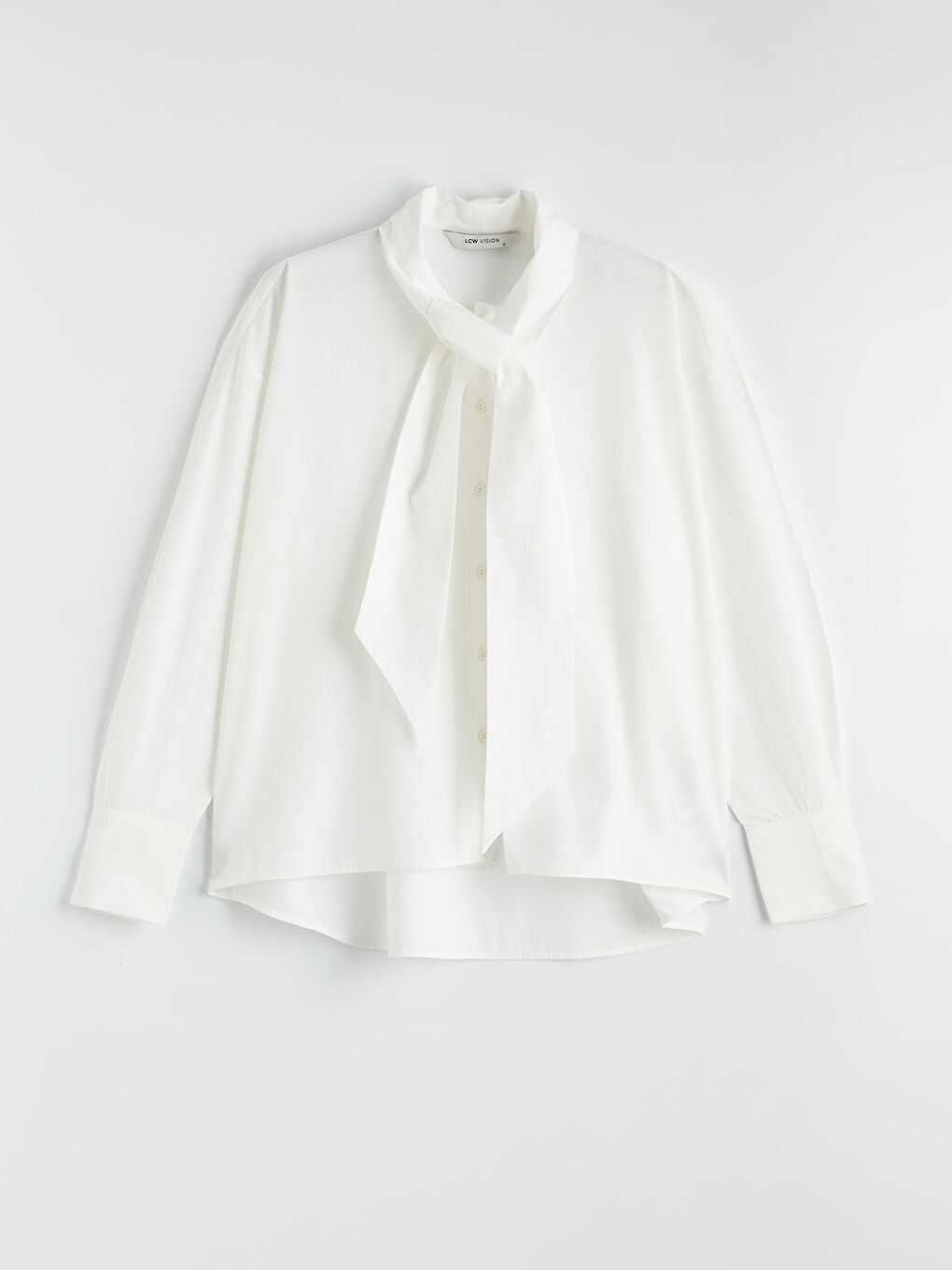 Beyaz Bağlamalı Fular Yaka Poplin Kadın Gömlek