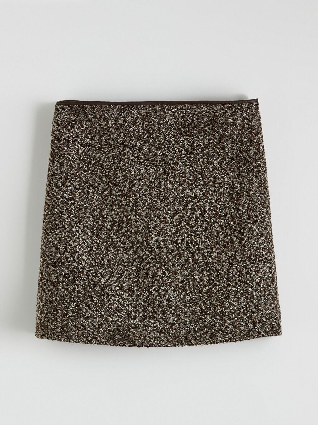 Kahverengi Beli Fermuarlı Desenli Tüvit Mini Etek