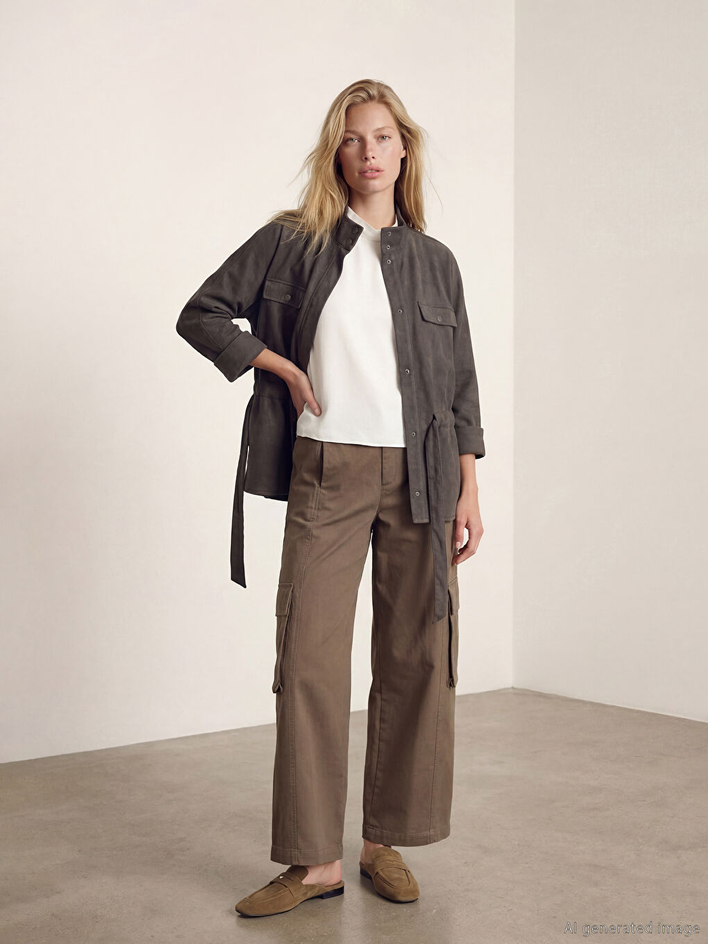 Kahverengi Yüksek Bel Geniş Paça Kadın Kargo Pantolon