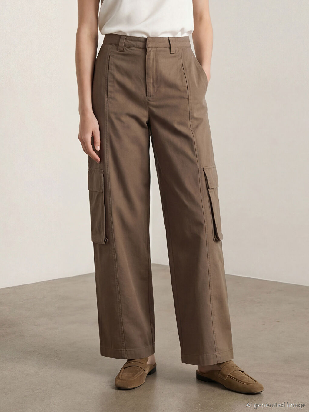 Kahverengi Yüksek Bel Geniş Paça Kadın Kargo Pantolon-1