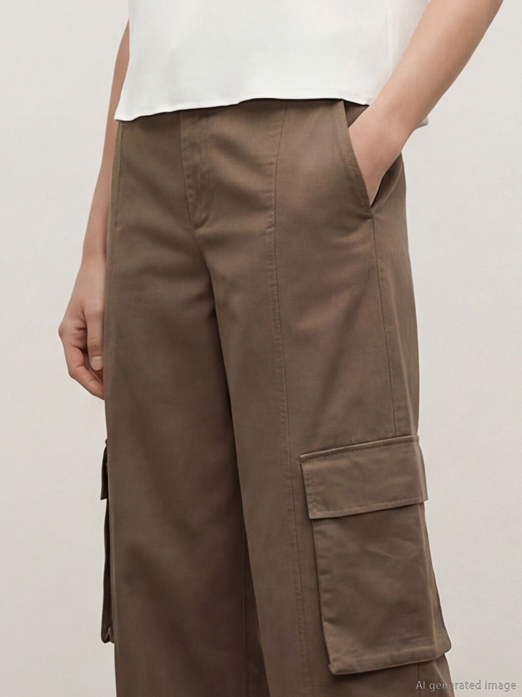 Kahverengi Yüksek Bel Geniş Paça Kadın Kargo Pantolon-2