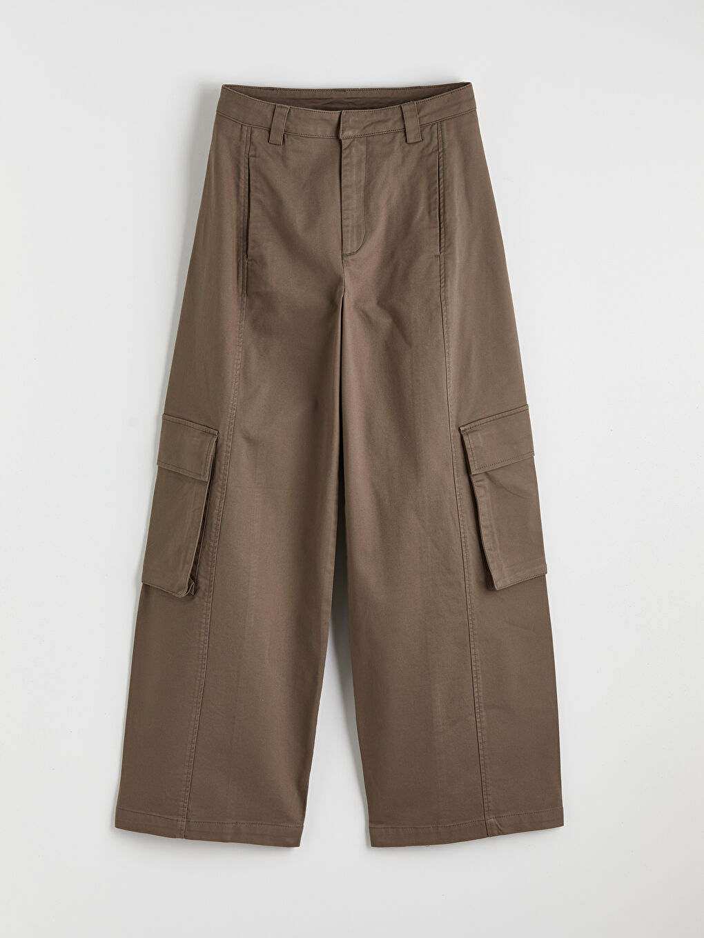 Kahverengi Yüksek Bel Geniş Paça Kadın Kargo Pantolon-5
