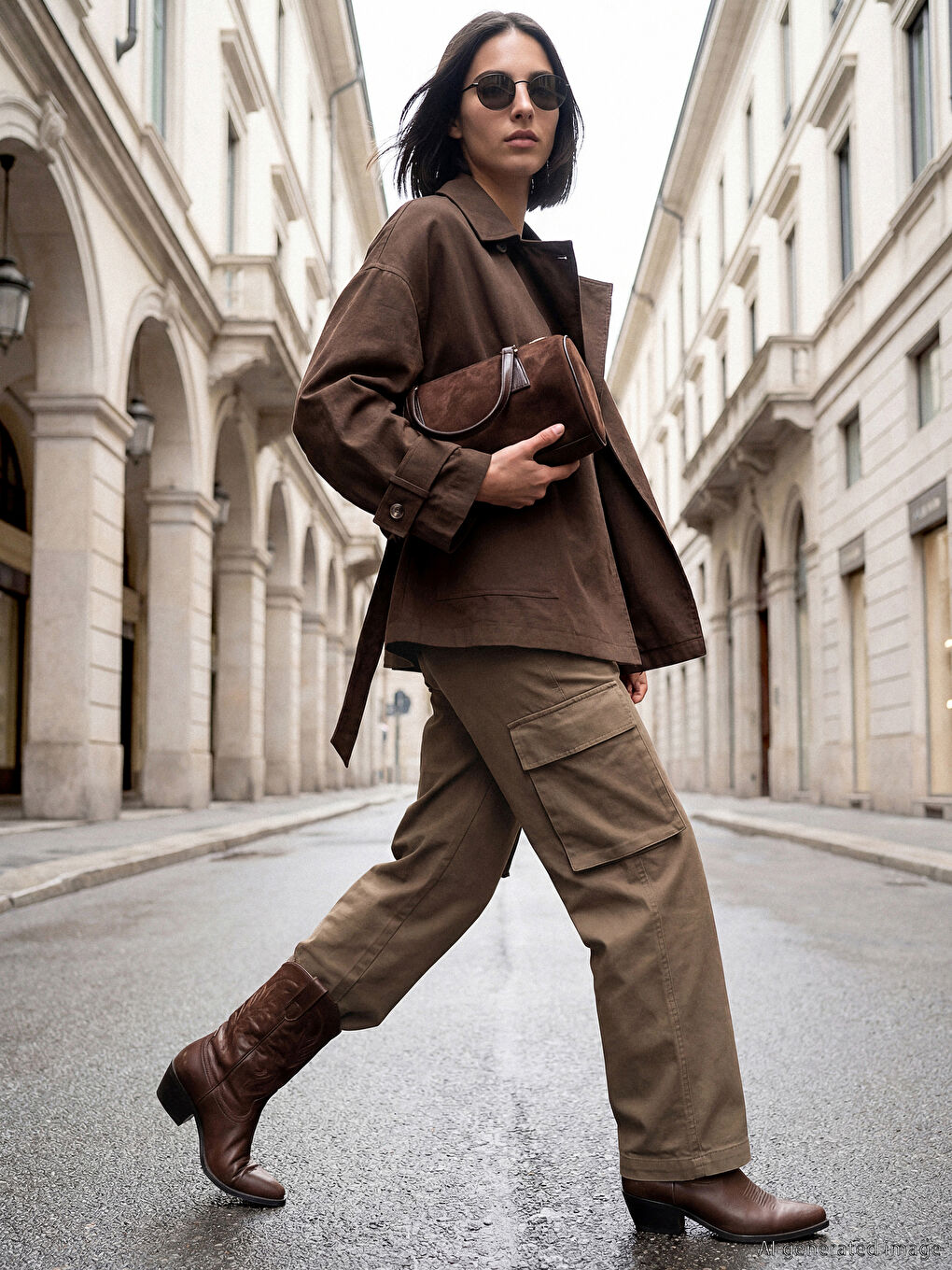 Kahverengi Yüksek Bel Geniş Paça Kadın Kargo Pantolon