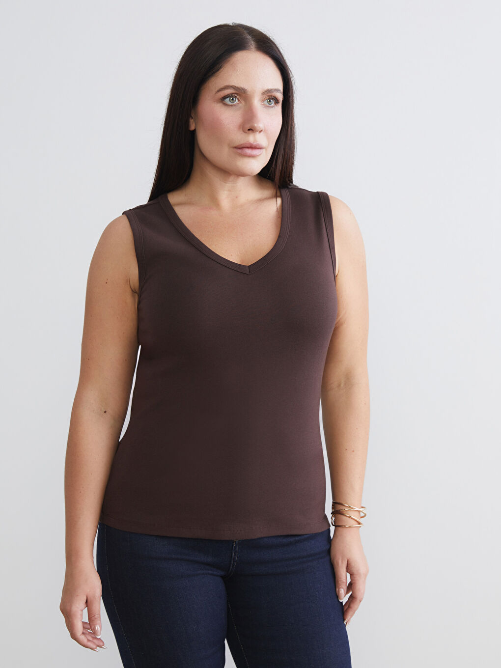 Bej Büyük Beden V Yaka Kadın Atlet 2'li-2