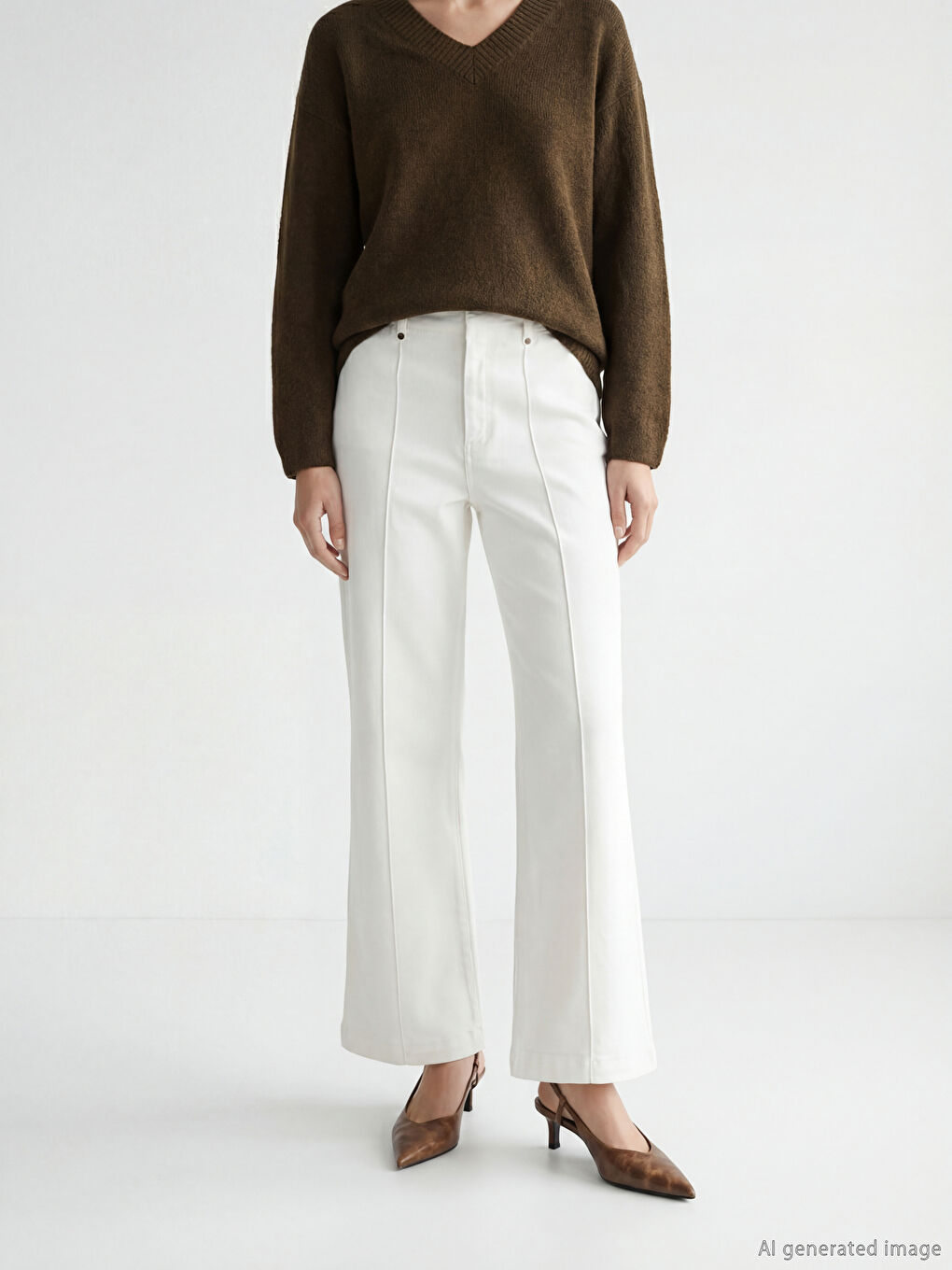 Ekru Yüksek Bel Wideleg Kadın Jean Pantolon-1