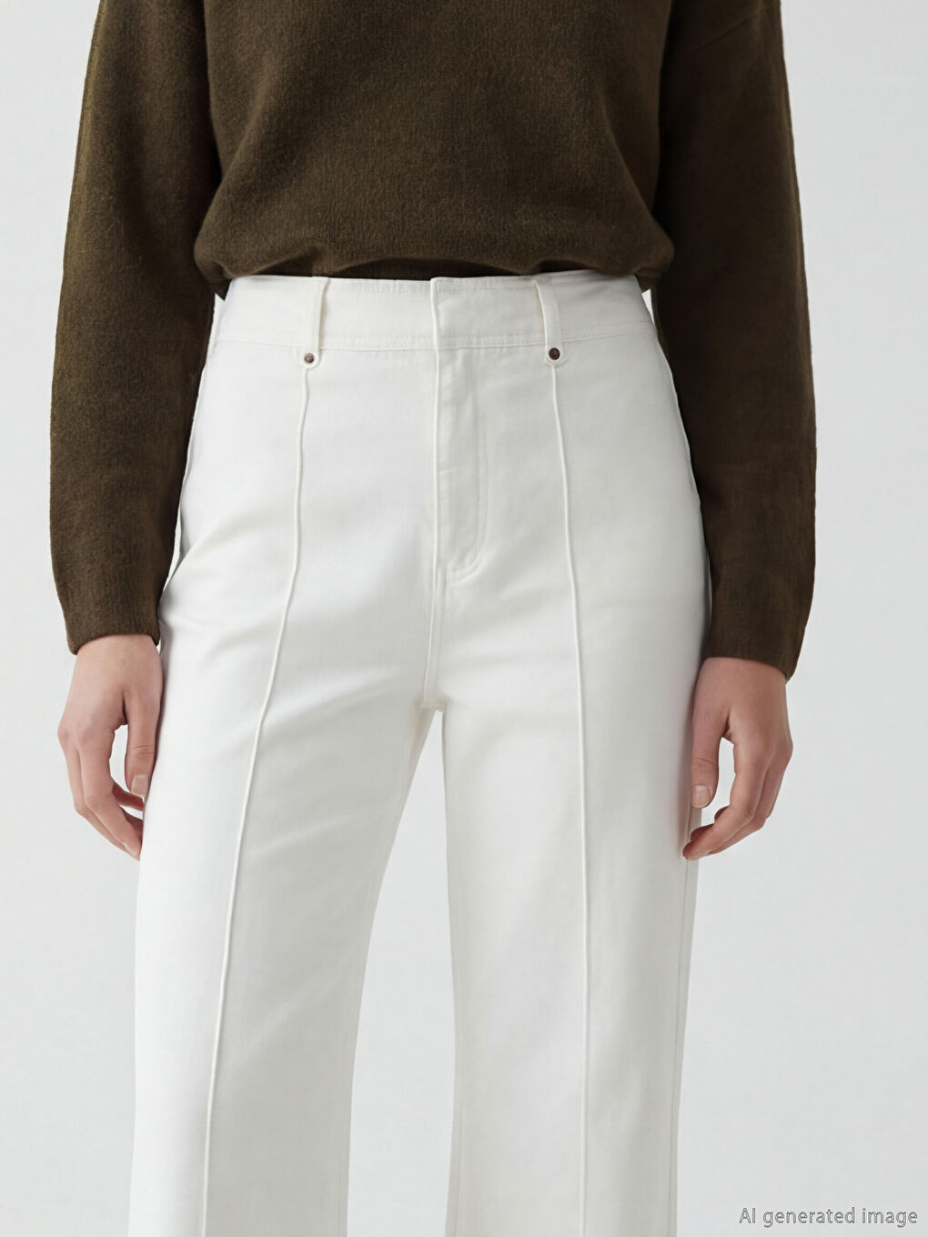 Ekru Yüksek Bel Wideleg Kadın Jean Pantolon-2