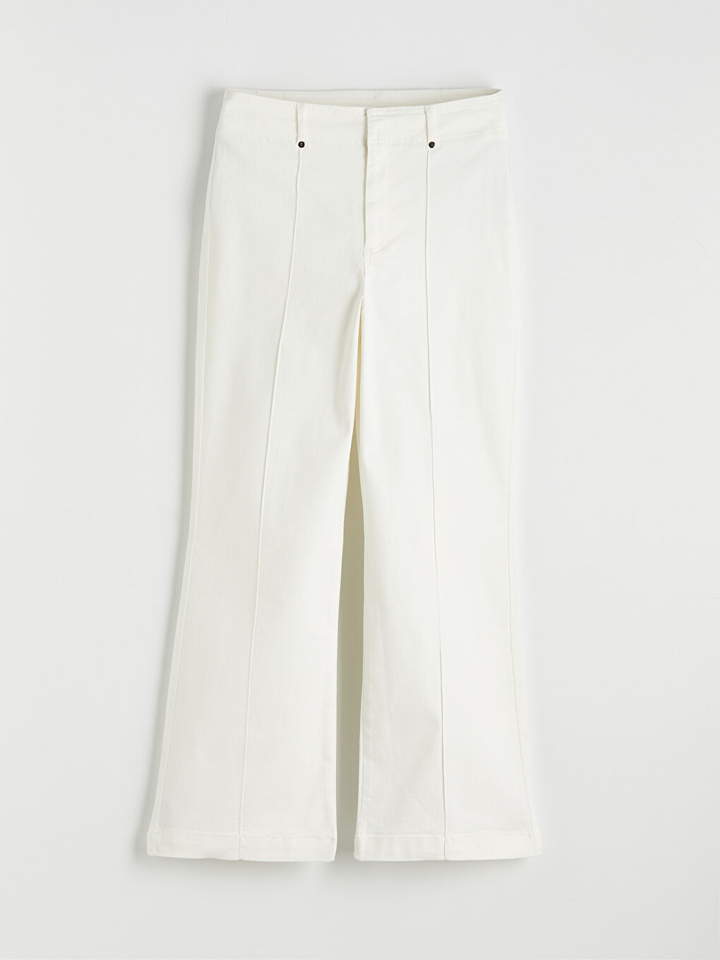 Ekru Yüksek Bel Wideleg Kadın Jean Pantolon-3