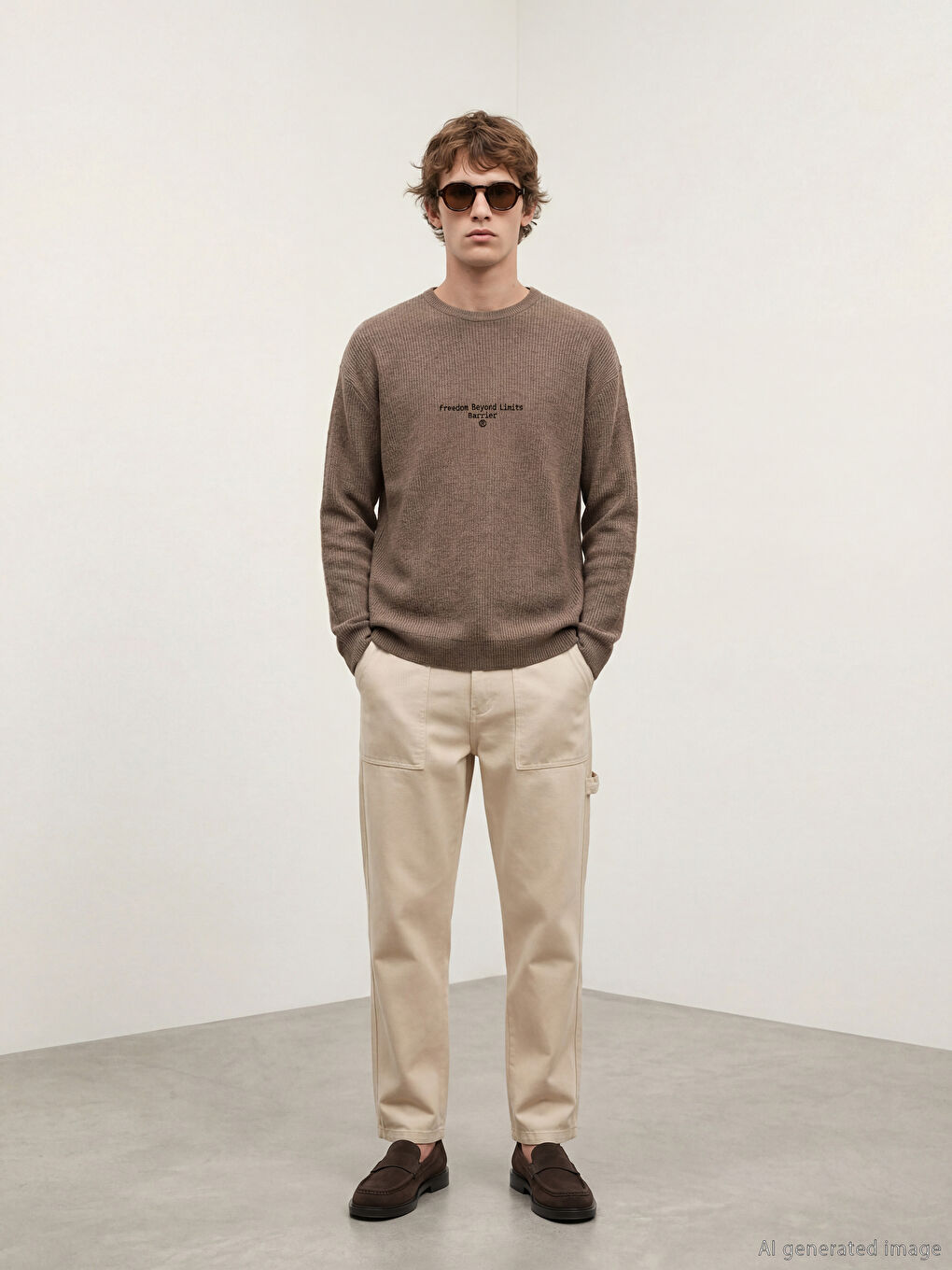 Bej Bisiklet Yaka Erkek Triko Kazak-1