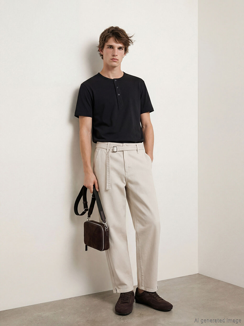 Ekru Loose Fit Kemerli Erkek Pantolon