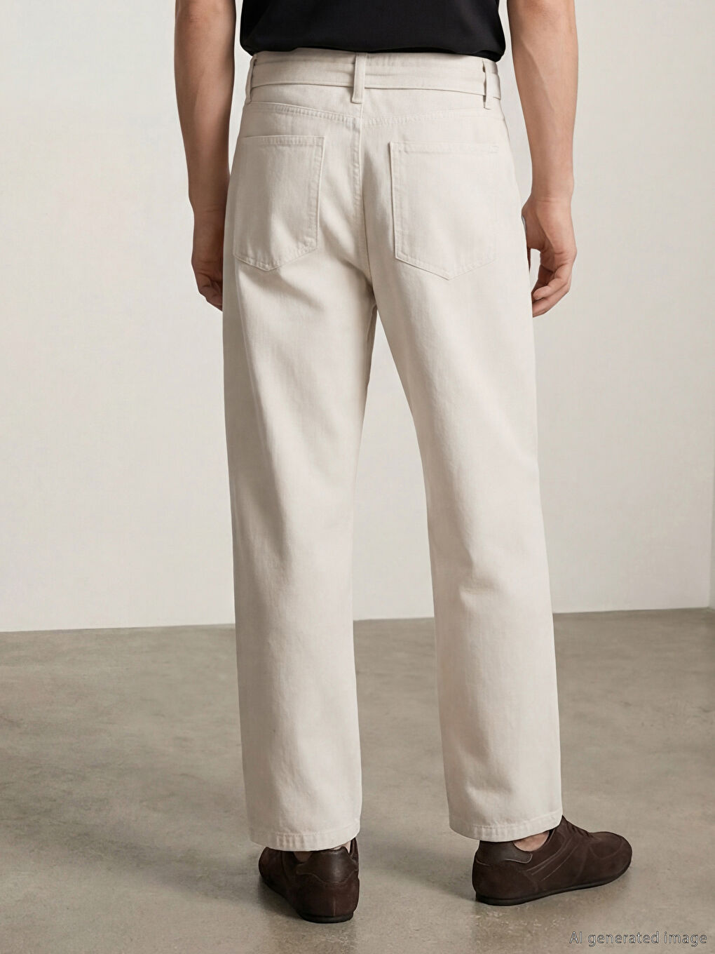 Ekru Loose Fit Kemerli Erkek Pantolon-1
