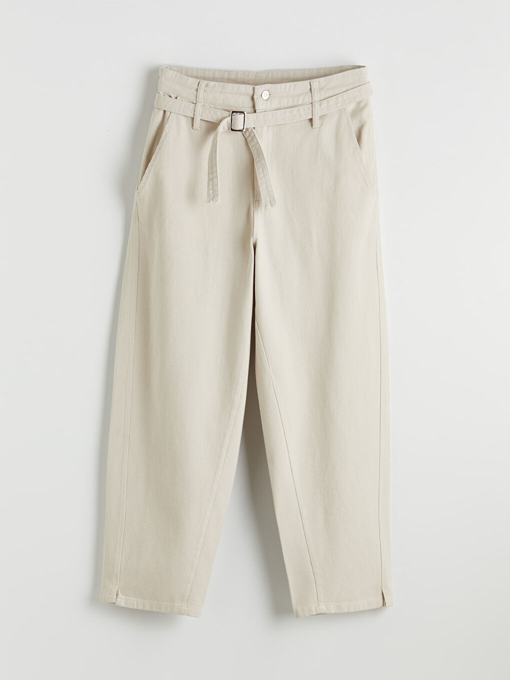 Ekru Loose Fit Kemerli Erkek Pantolon-2