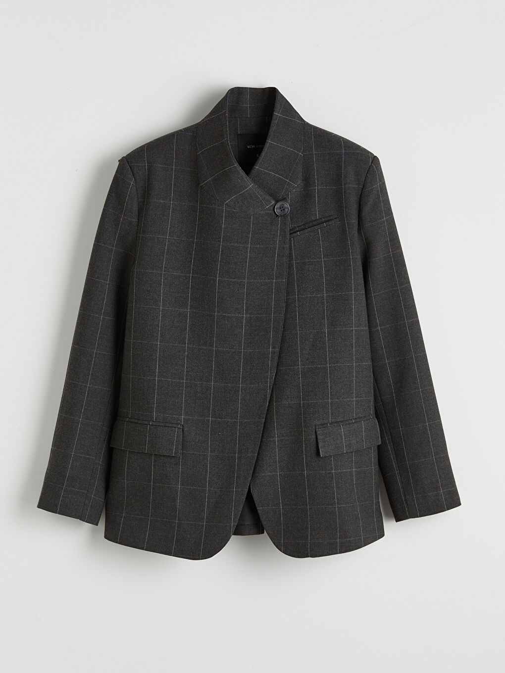 Lacivert Dik Yaka Ekose Kadın Blazer Ceket