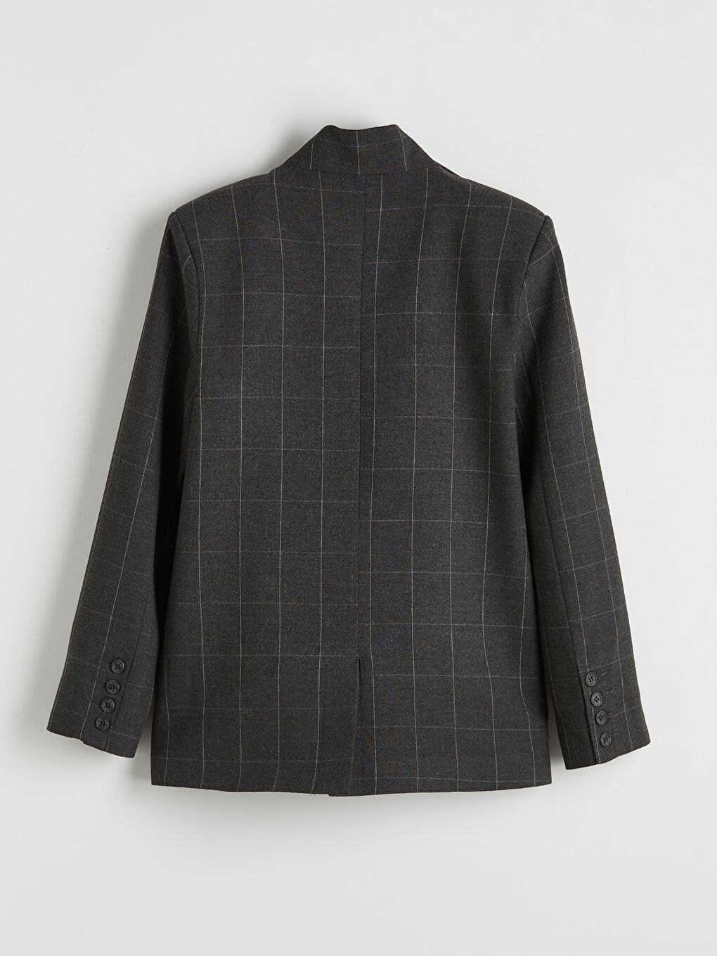 Lacivert Dik Yaka Ekose Kadın Blazer Ceket-1