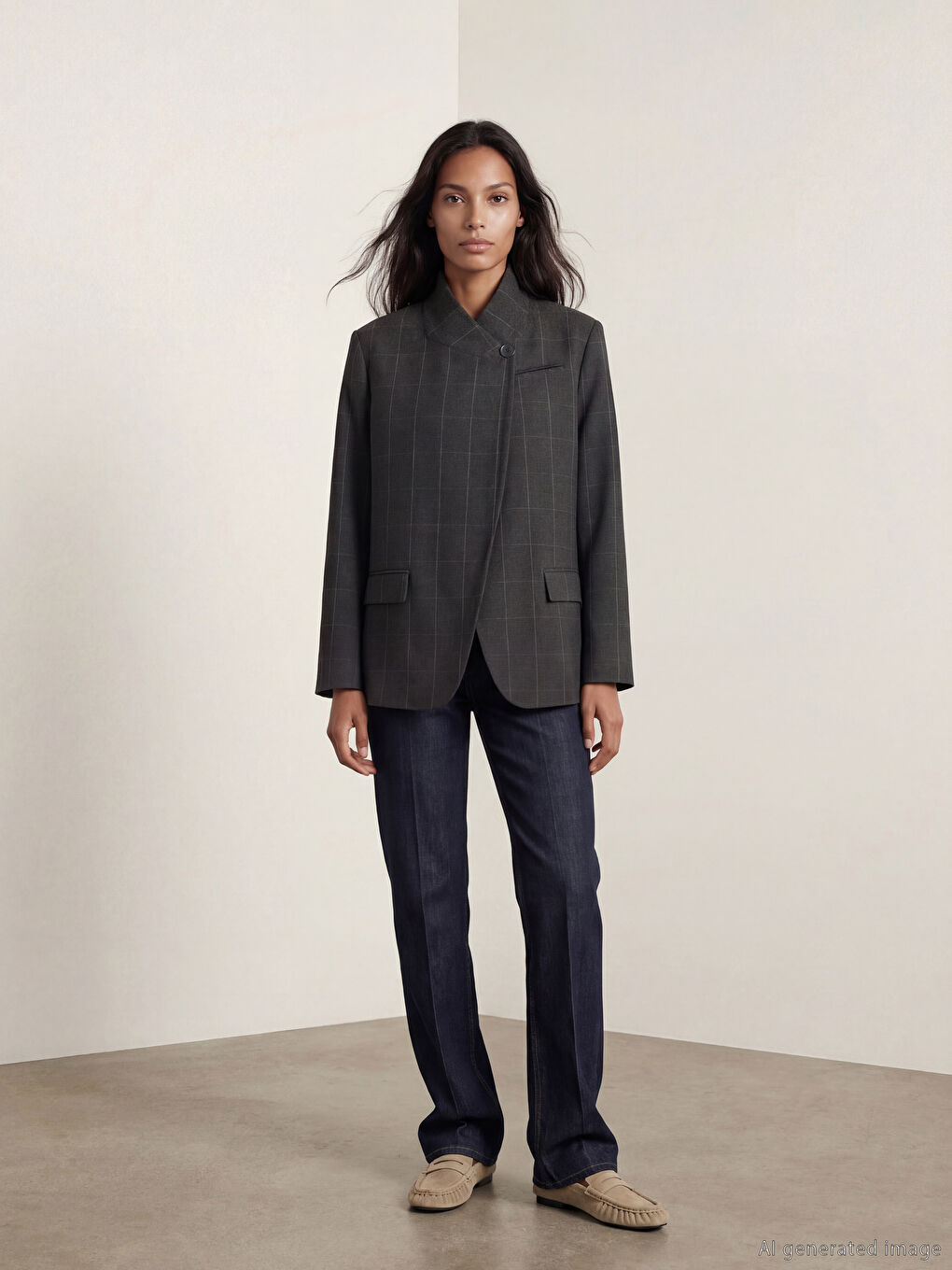 Lacivert Dik Yaka Ekose Kadın Blazer Ceket-1